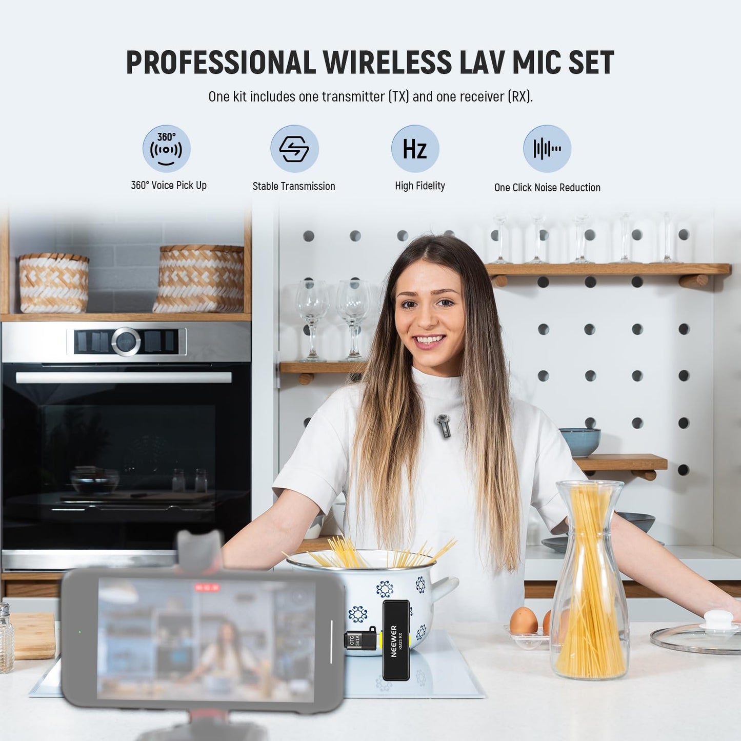 NEEWER Wireless Lavalier Microphone System for USB C, Compatible with iPhone 16 15 Samsung Android Phones, Noise Cancelling Mini Lav Omnidirectional