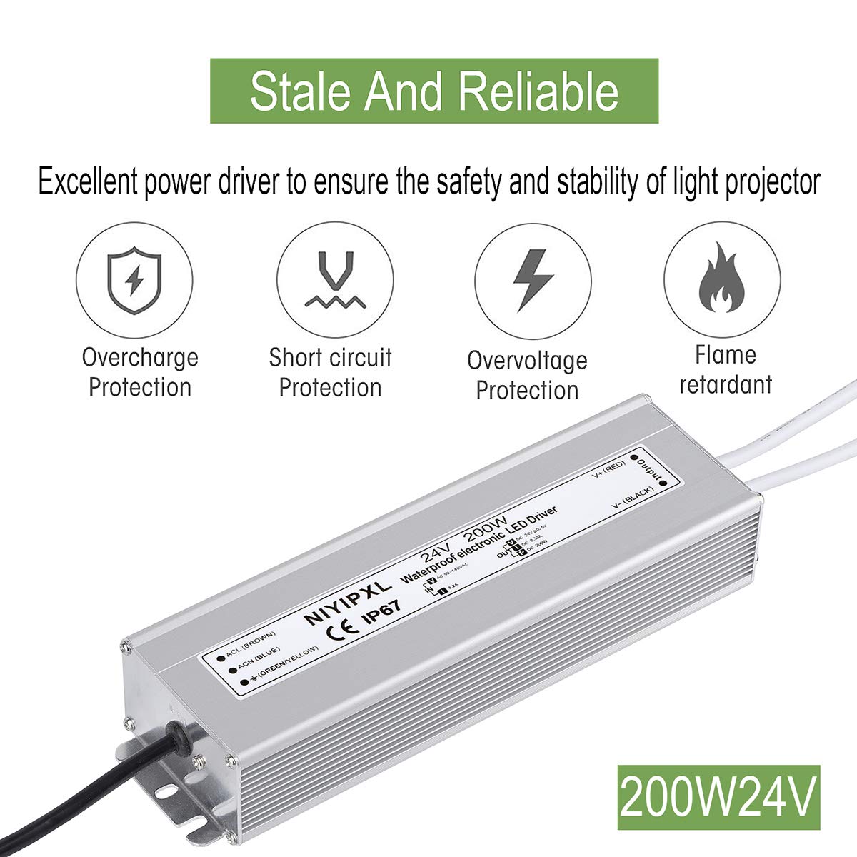 LED Driver 200 Watts 24V DC Low Voltage Transformer? Waterproof IP67 LED Power Supply, Adapter with 3-Prong Plug 3.3 Feet Cable for Any 24V DC led