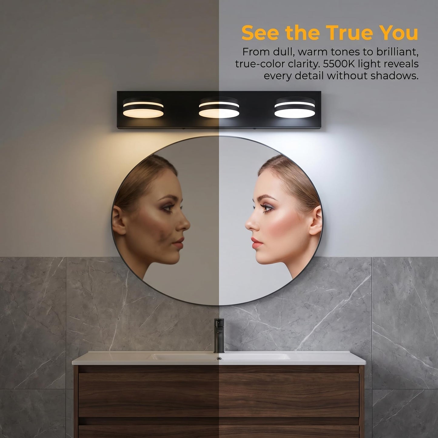 Bicrink 3-Light Bathroom Vanity Light Over Mirror, (24inch Dimmable) Matte Black LED Vanity Lighting Fixtures, Modern Bathroom Wall Light Fixtures