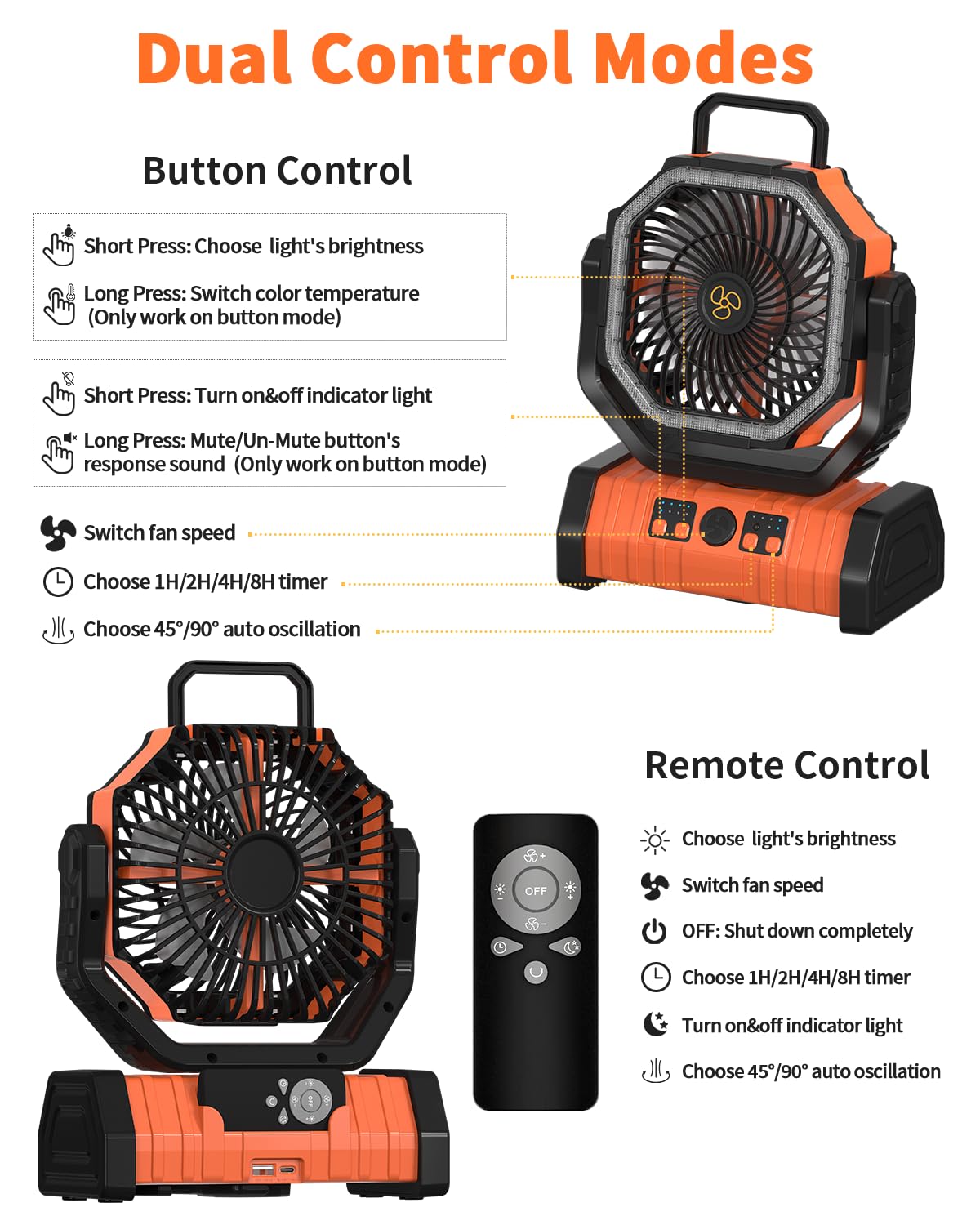 ADUST Camping Fan Battery Powered 20000mAh Outdoor Tent Fans - Orange