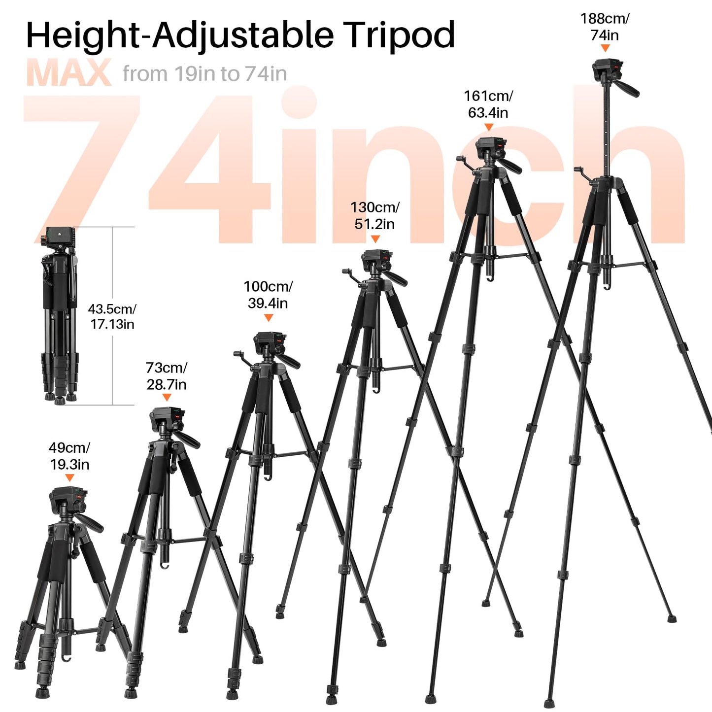 74'' Camera Tripod, Fotopro Lightweight Aluminum Travel Tripod for DSLR Camera and Phone with Detachable 3-Way Pan-Tilt Head Carry Bag and Mount Phone