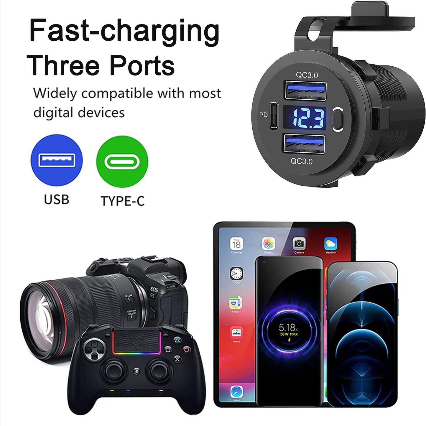 Zennova [5 Pack] 12v USB Outlet, Dual USB Quick Charge 3.0 Port and PD USB C Car Charger Socket Waterproof with Voltmeter and Power Switch for Car