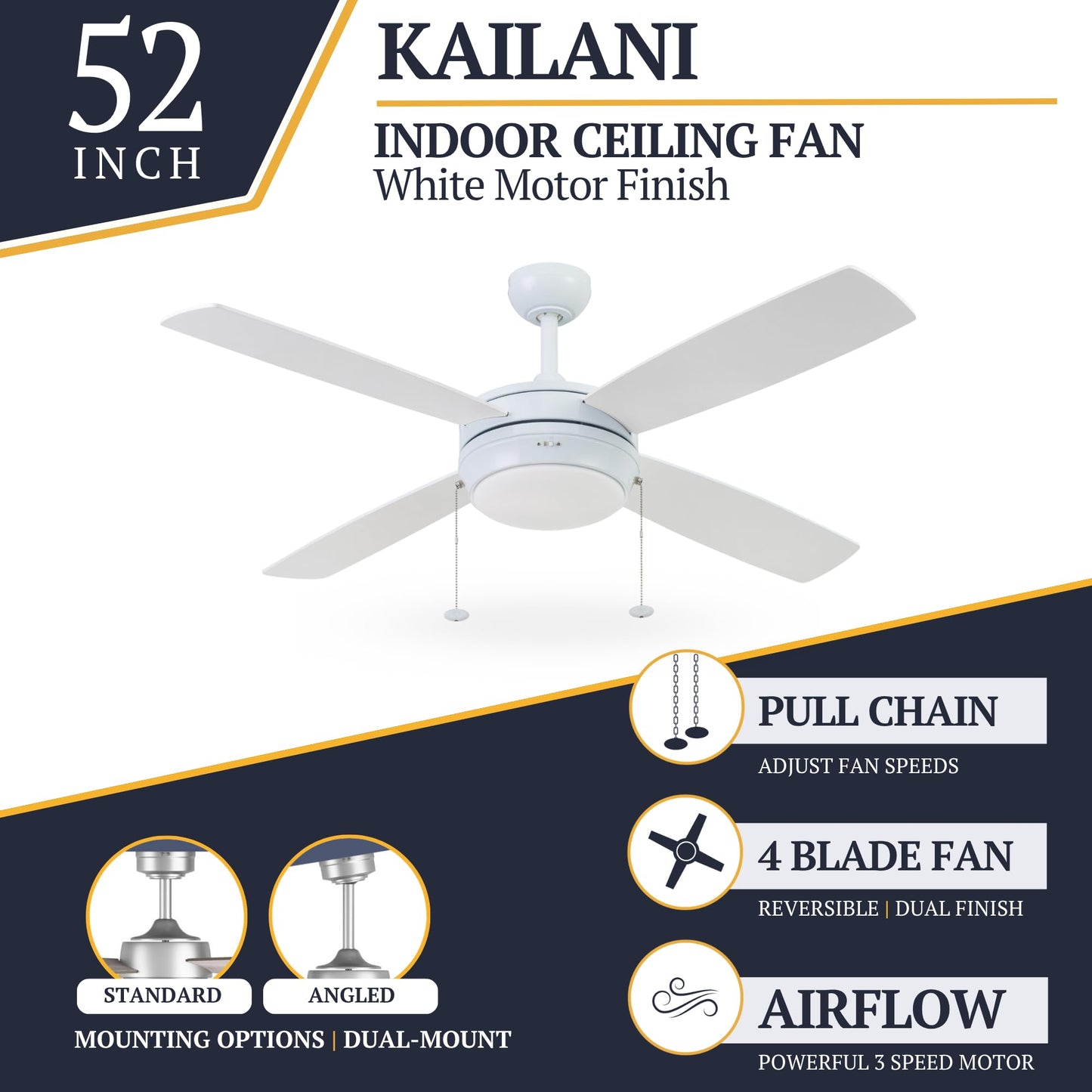 Prominence Home Kailani, 52 Inch Contemporary Indoor LED Ceiling Fan with Light, Pull Chain, Three Mounting Options, Dual Finish Blades, Reversible