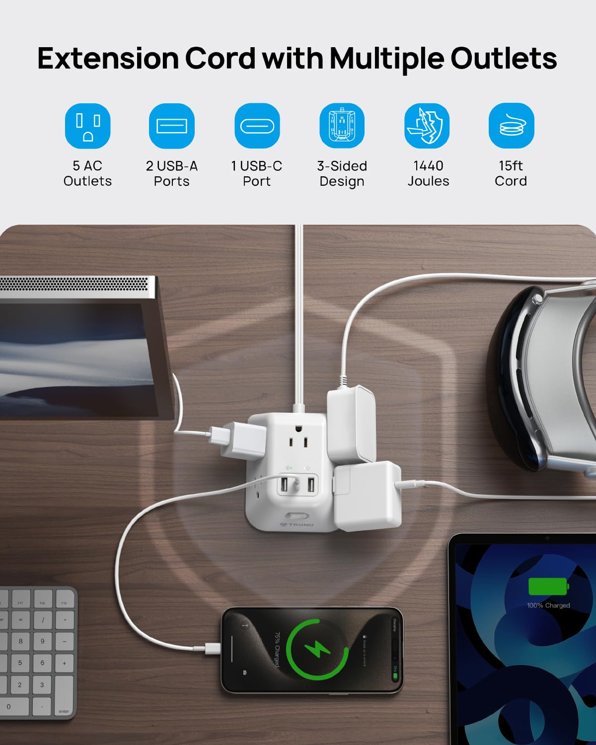 TROND 15ft Long Extension Cord, Ultra Thin Flat Plug Power Strip, 5 Widely-Spaced AC Outlets and 3 USB Ports, 1440J Surge Protector, 3-Sided Wall