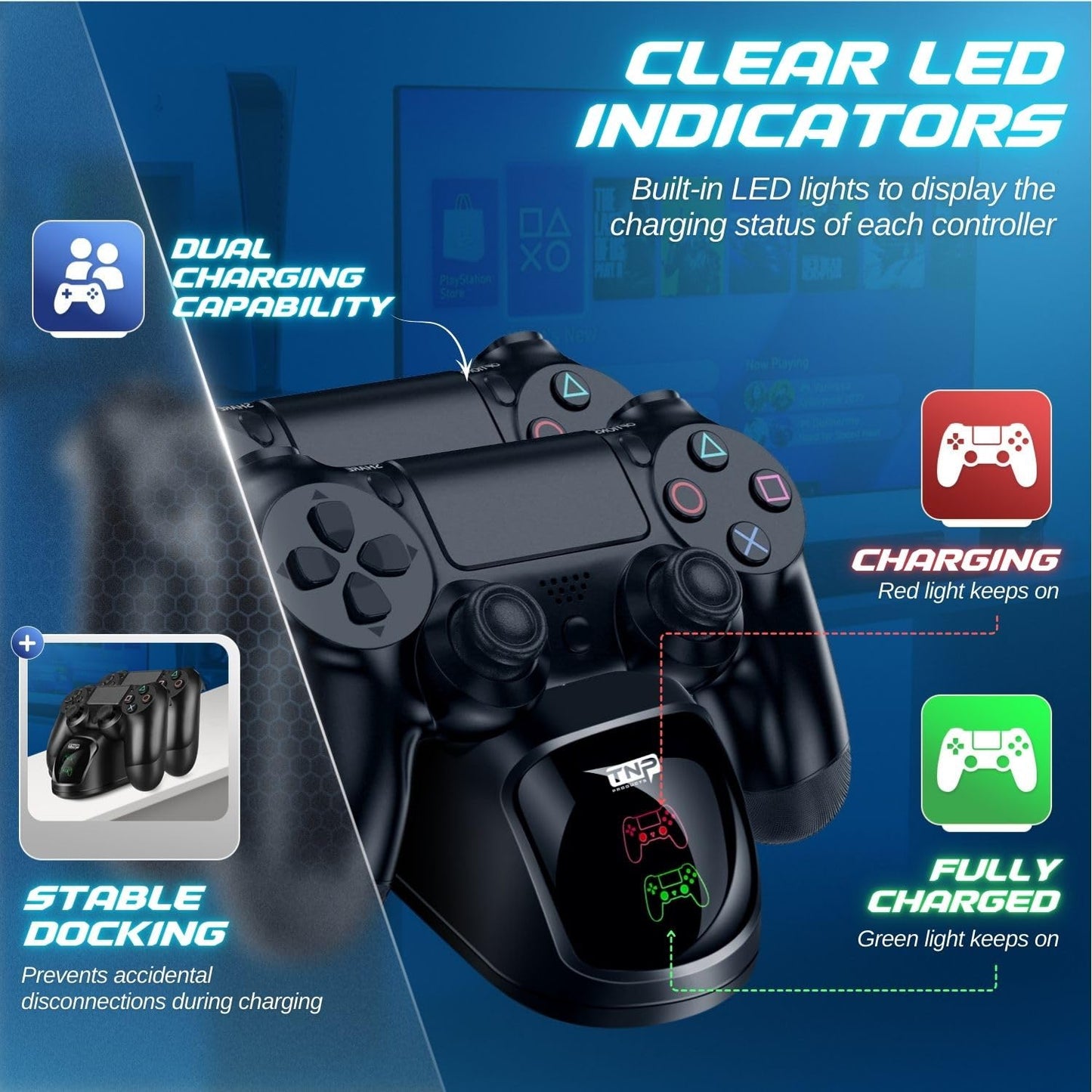 TNP PS4 Controller Charging Station Dock Stand PS-4 Dualshock Control Gamepad USB Port Dual Charger Cradle Base with Cable & LED Indicator for Sony
