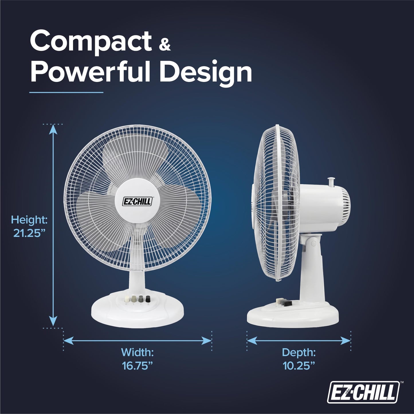 EZ-CHILL 16” Oscillating Table Fan with Adjustable Tilt, Convenient Push Button Controls, Quiet, 3 Speed, Desk Fan, Airflow 15.75 ft/sec, Ideal