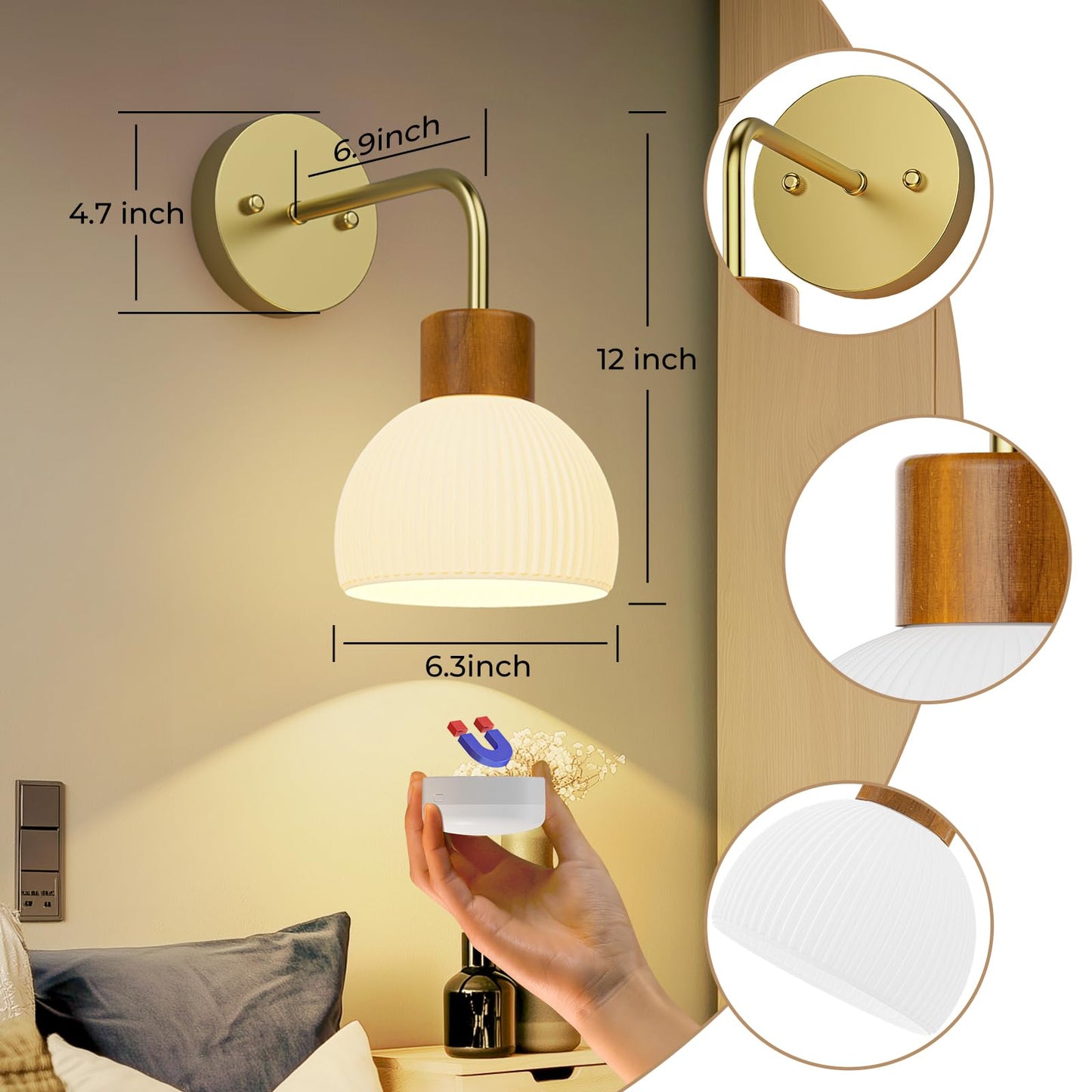 PRTILOUD Glass Battery Operated Wall Sconces Set of 2, Rechargeable Wall Lamp with Remote, 12 Colors Dimmable Wireless Sconces Wall Decor Set of 2