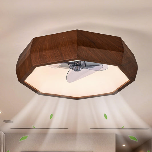 HSMKL 22? Low Profile Wooden Ceiling Fan with Lights, Retro Walnut Wood Grain Bladeless Ceiling Fan Light, 3 Color Dimmable LED Chandelier Fans
