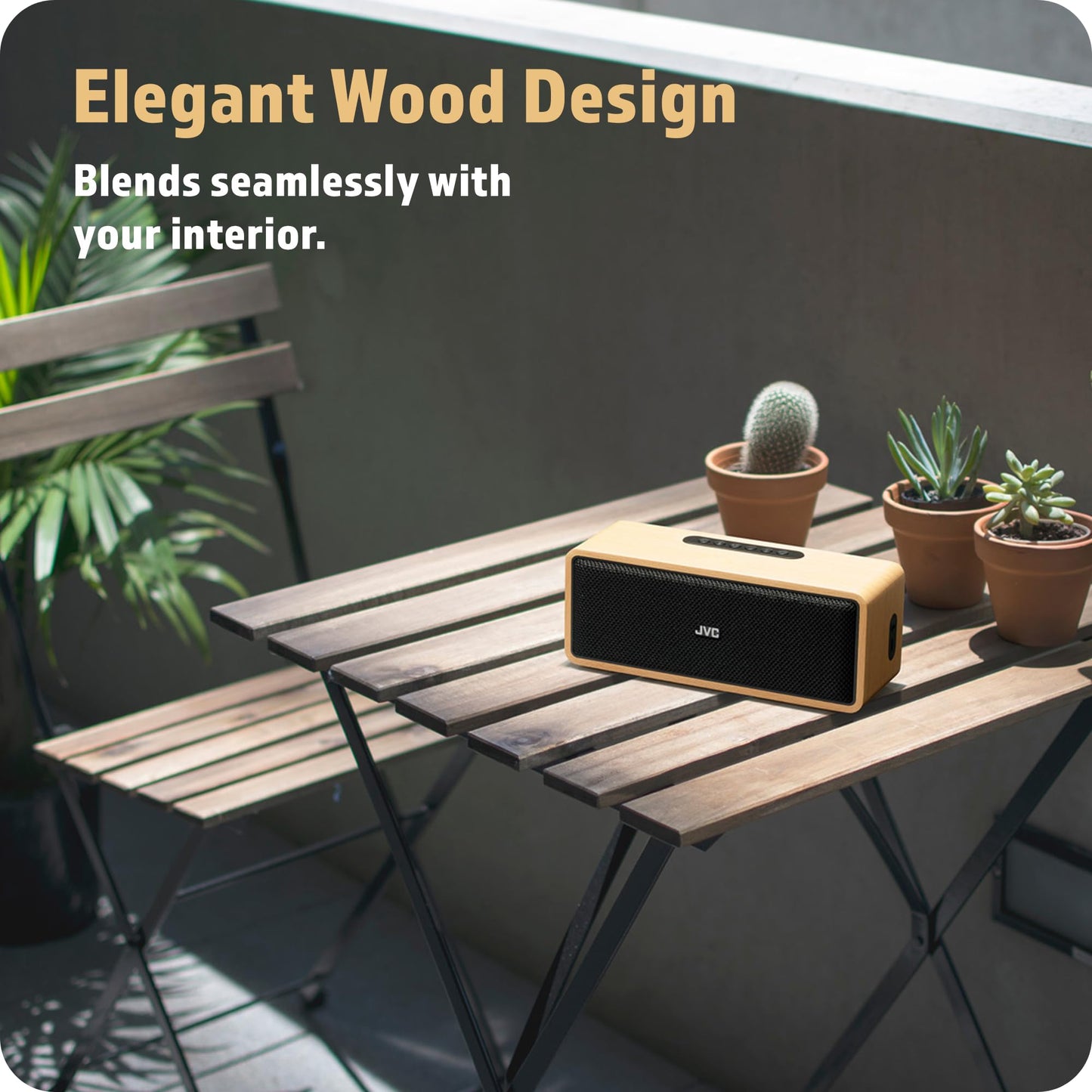 JVC Portable Wireless Bluetooth Stereo Speaker - Genuine Wood, Retro Style, Rich Sound, 12 Hr Battery, Palm-Sized, for Home, Office, or Outdoors