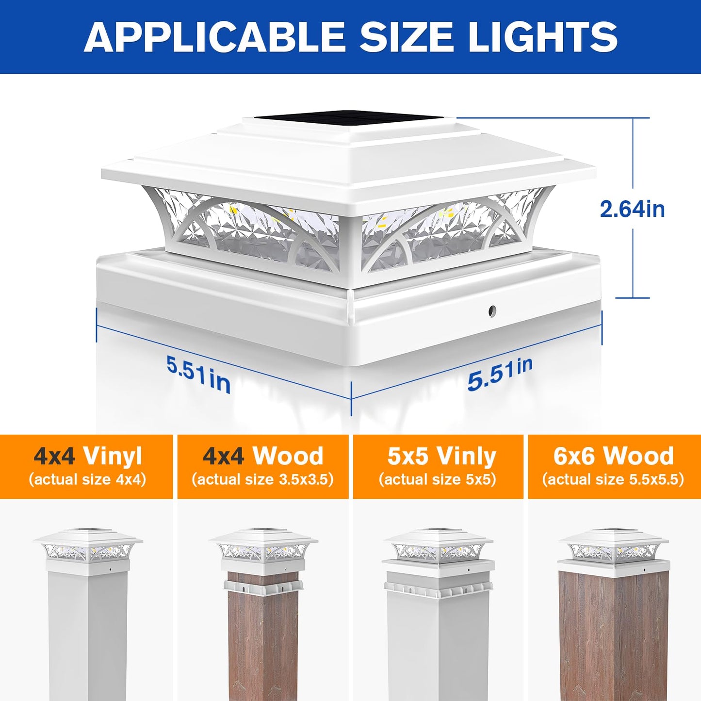 APONUO Solar Post Cap Lights 6 Pack - 4x4 5x5 6x6 Fence Post Lights, Auto On/Off, Waterproof IP64, 2-Mode (Warm/Cool White), Deck Patio Yard Solar