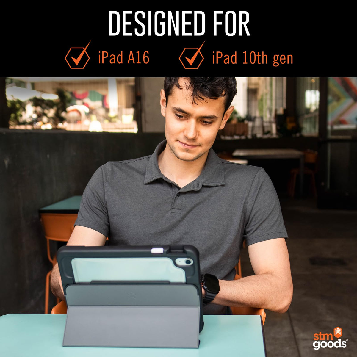 STM Dux Ultra Case for iPad A16/10th Gen - Rugged MIL-SPEC Drop Protection, Snap Magnetic Stand, Pencil & Crayon Storage, Clear Back, Auto Sleep/Wake