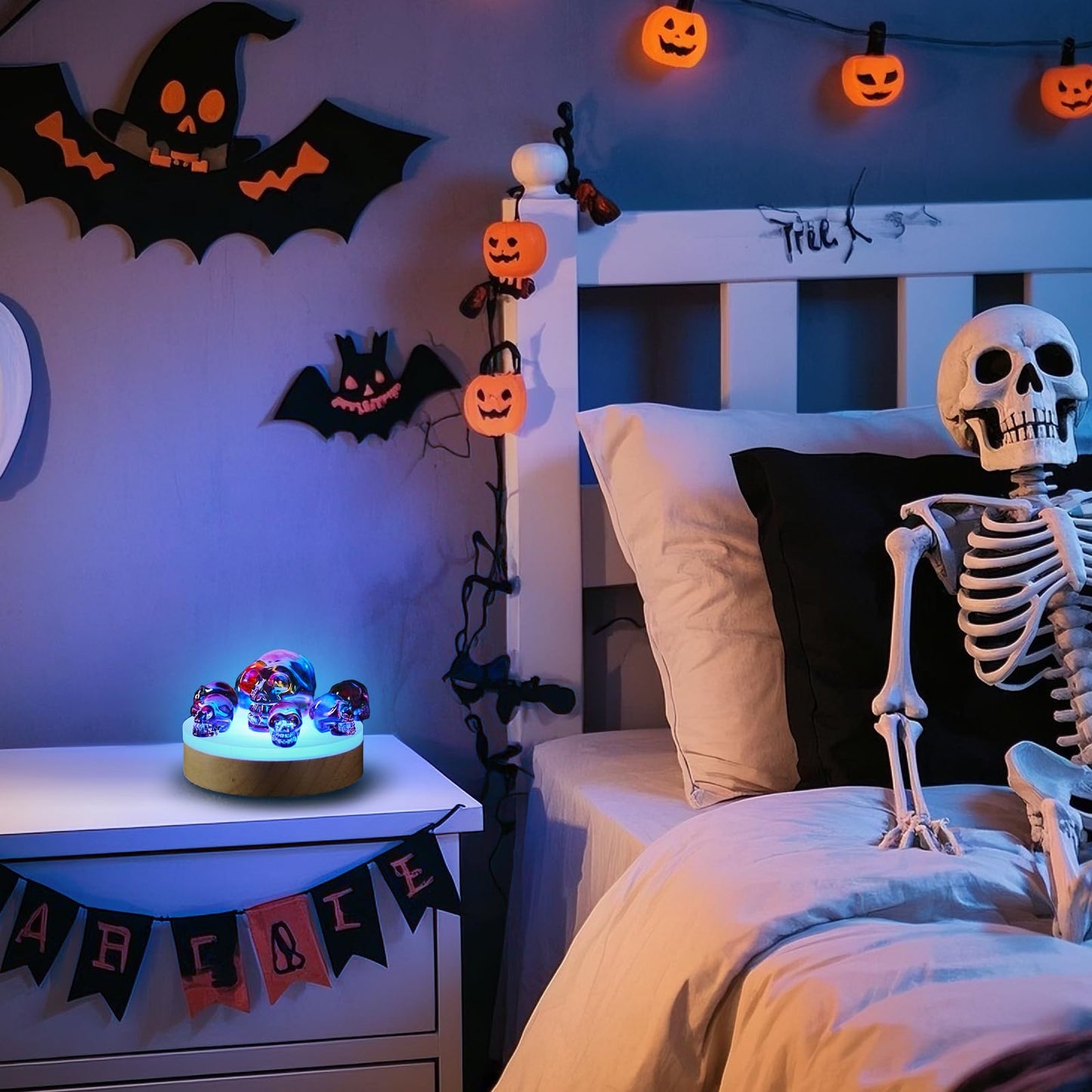 Crystal Skull Night Light with K9 Rainbow Skull , RGB LED Lighting &Wood color design Base Gift Box 7 Vibrant Color Changes,Gift for Halloween