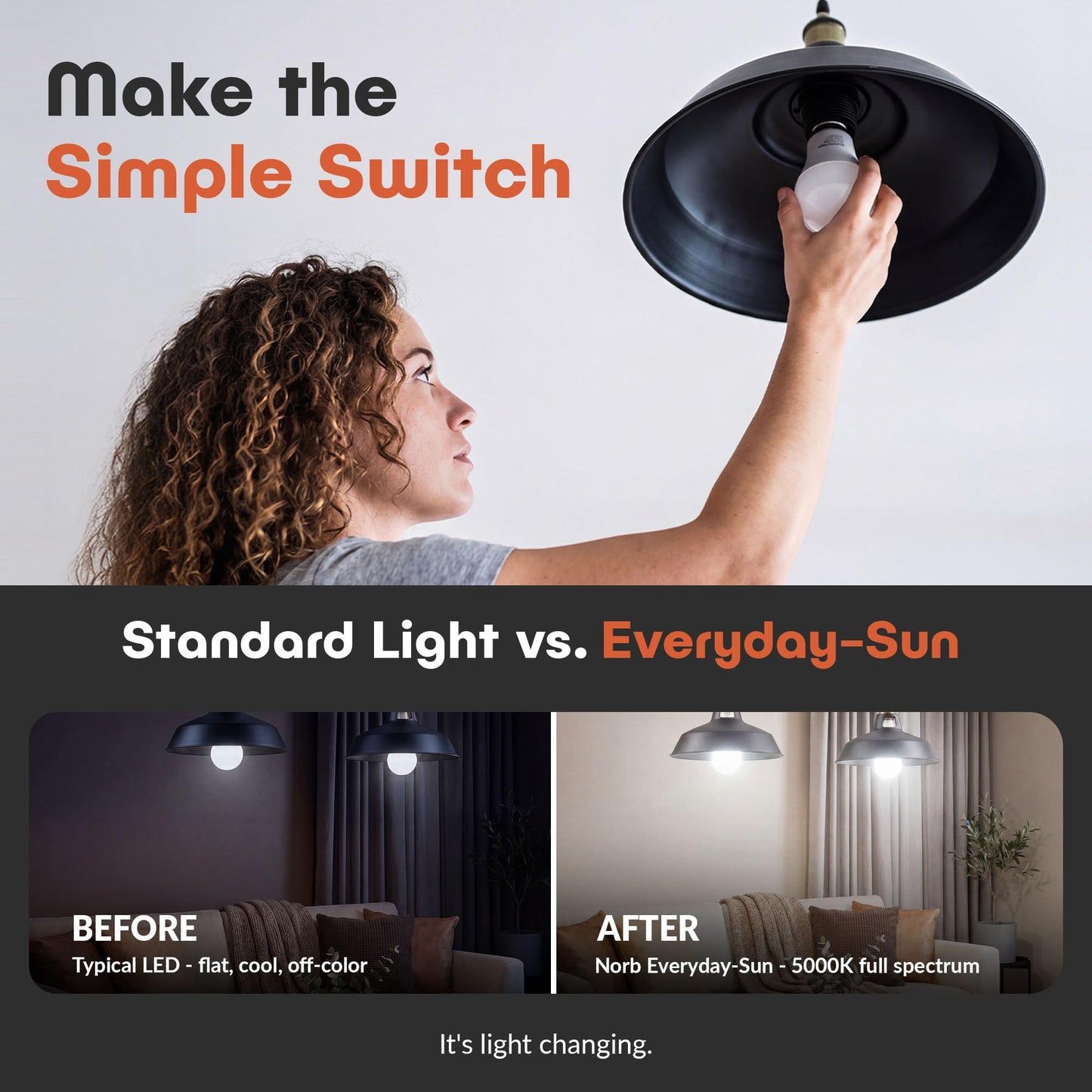 Norb Everyday Sun Light Bulbs | Full Spectrum Light Bulb LED 5000K Daylight | High CRI 97 Natural Color | Dimmable 800 Lumens A19 E26 for Energy, Mood