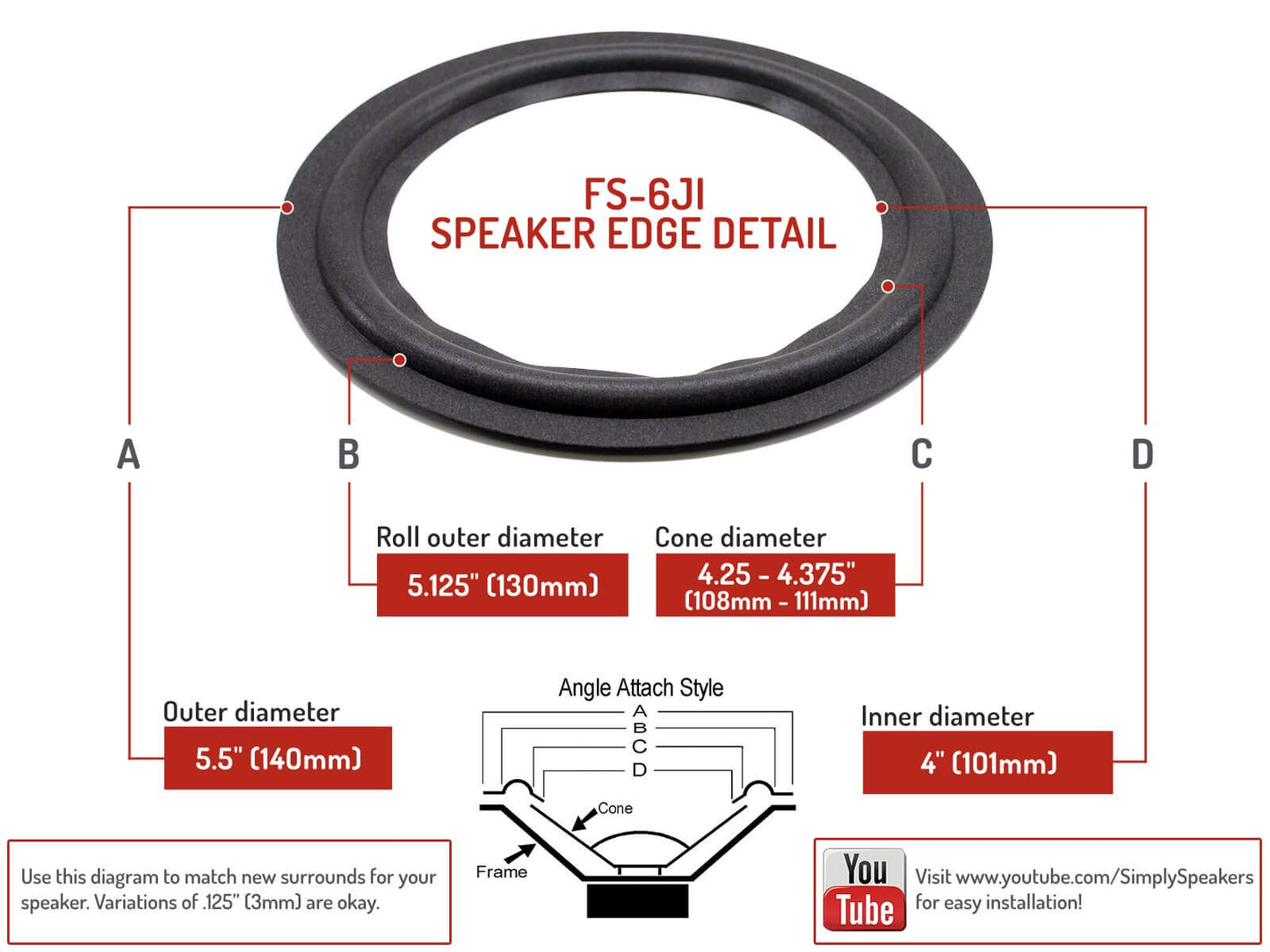 Standard 6 Inch Foam Speaker Repair Kit, OD 5.5 Inch, ID 4 Inch, FSK-6Ji (Pair)