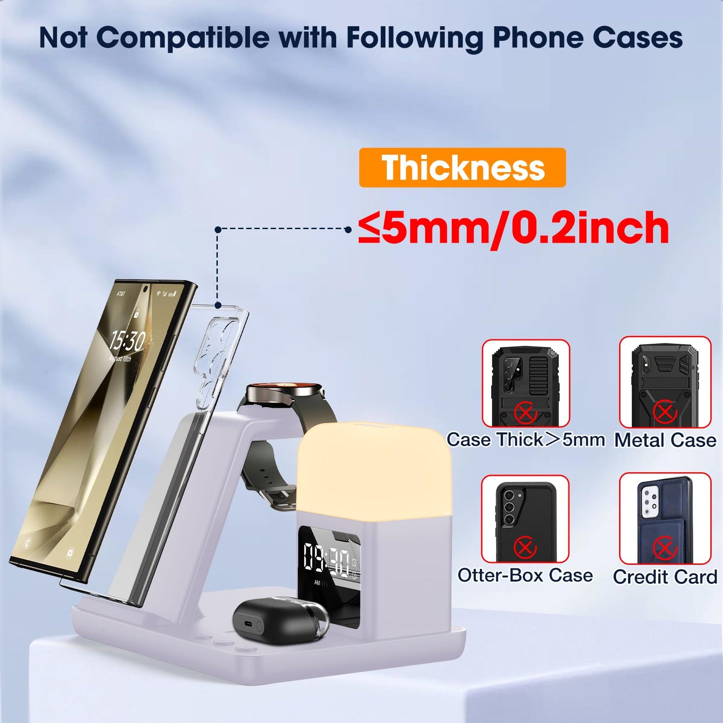 Alarm Clock Charging Station for Bedrooms, Wireless Watch Charger for Samsung Watch 8/7/6, Wireless Charging Station with Night Light Bedside Clock