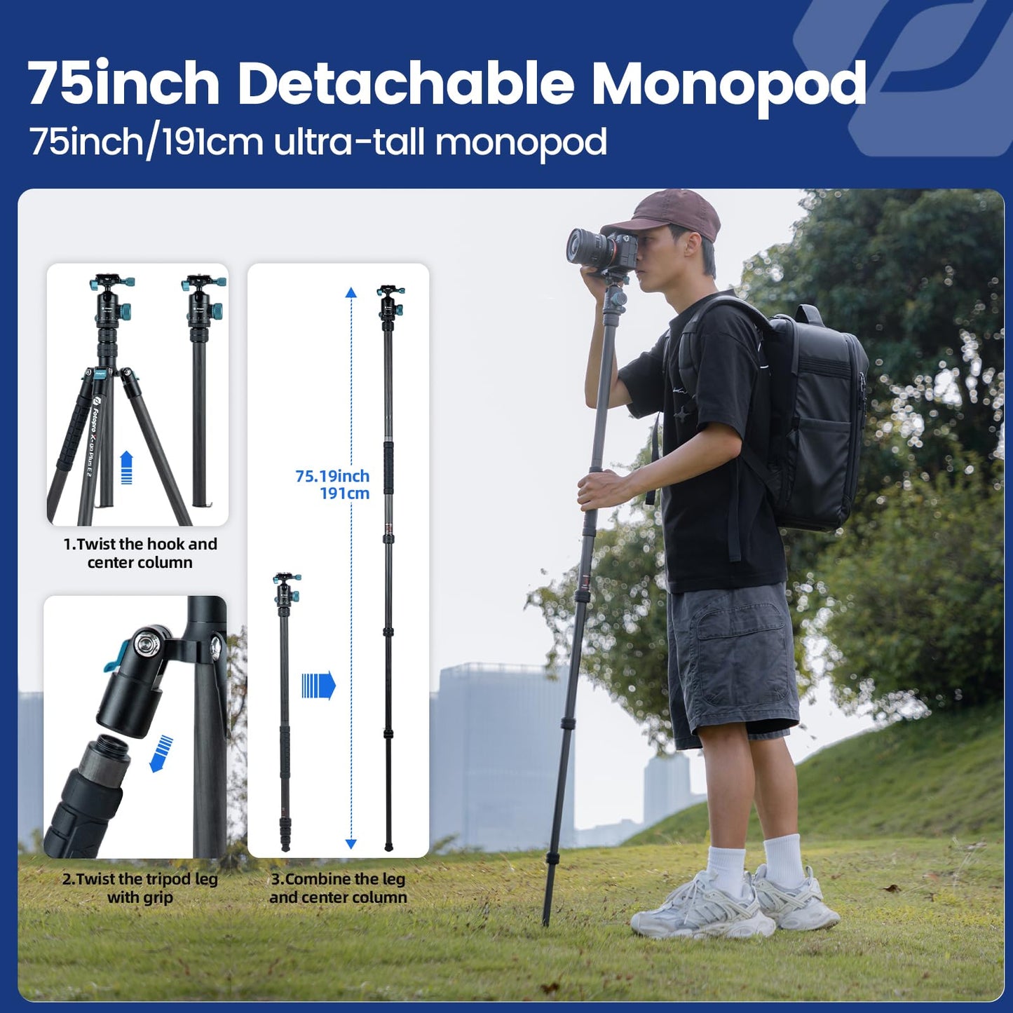 Fotopro 73" Carbon Fiber Tripod for Camera Compact Travel Tripod with Ball Head Detachable Monopod with Quick Release Plate and Camera Bag Load up