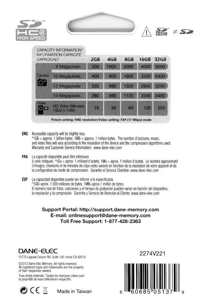 Dane-Elec Memory Dane-Elec 8 GB Class 4 SDHC Flash Memory Card DA-SD-8192-R Secure Digital