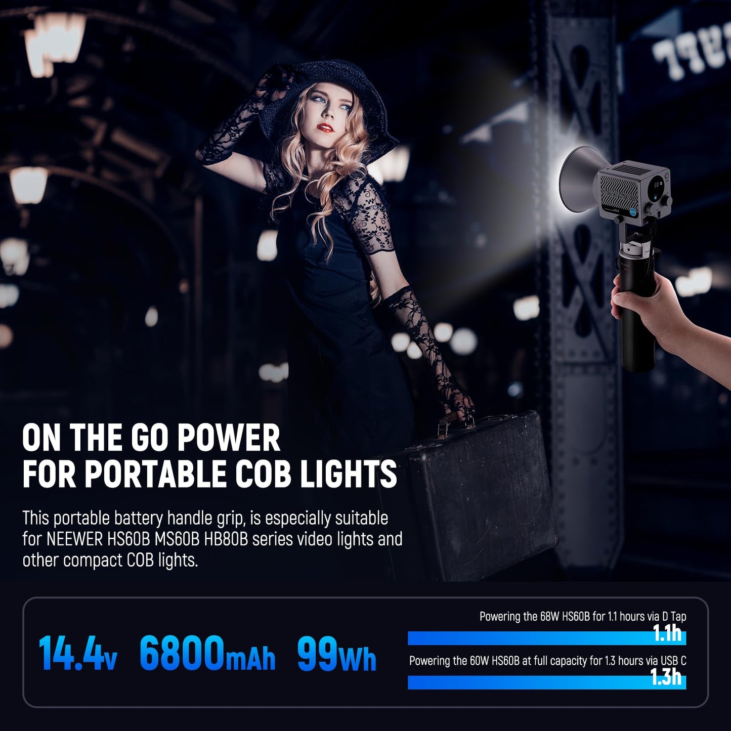 NEEWER Battery Grip Power Supply for HS MS HB Series COB Video Lights, 6800mAh/99Wh Type C PD 100W Output D TAP 14.4V/10A, Handheld Photography Light