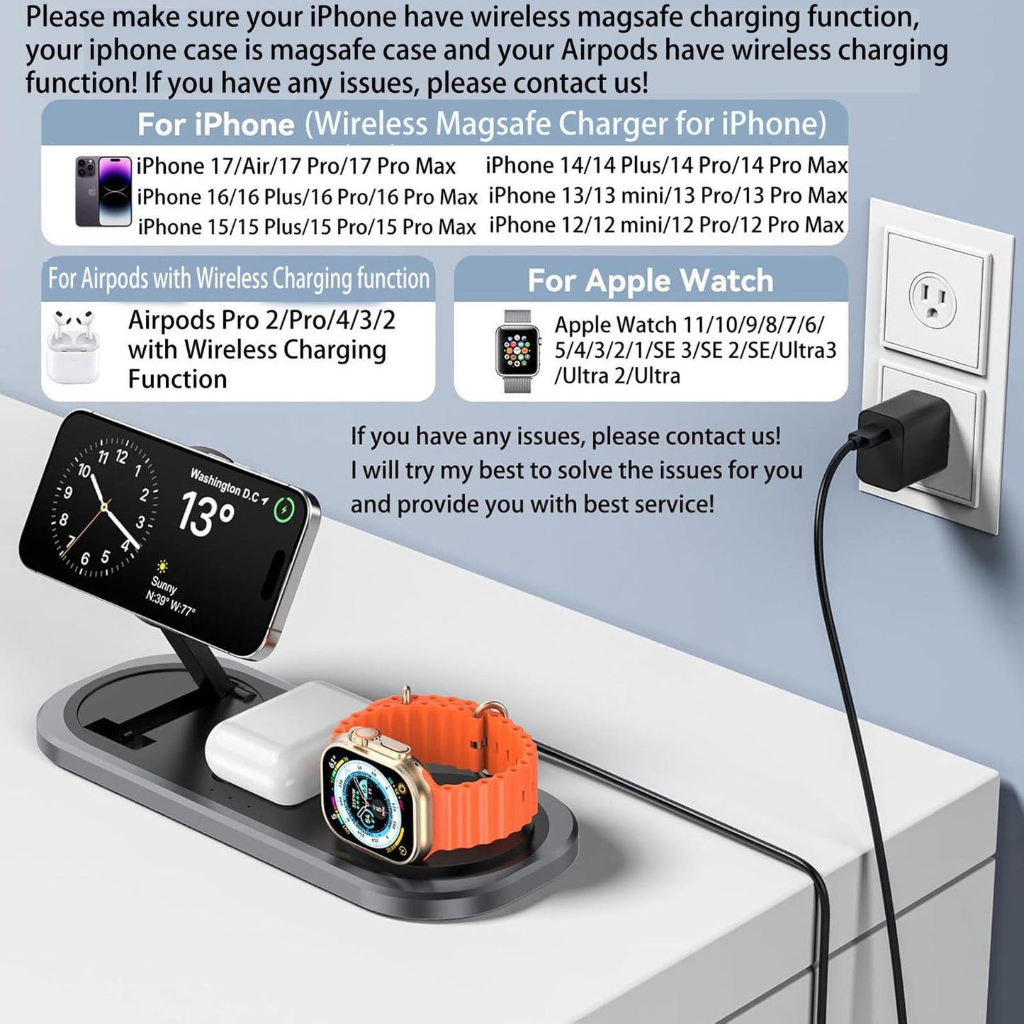 3 in 1 Fast Wireless Charger Stand for iPhone, Foldable Travel Charging Station for Magsafe for iPhone 17/Air/16/15/14/13/12 Series, Apple Watch