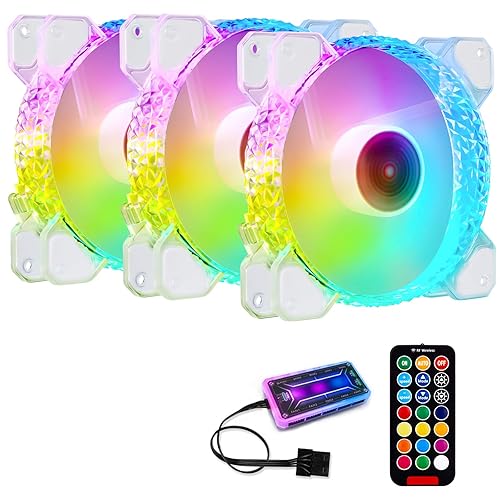 3 Pack RGB Case Fans,120mm Ultra-Quiet RGB Chassis Cooling Fans,Equiped with Remote Control Hub,5V ARGB Sync,Speed Adjustable Colorful Cooler,Crystal