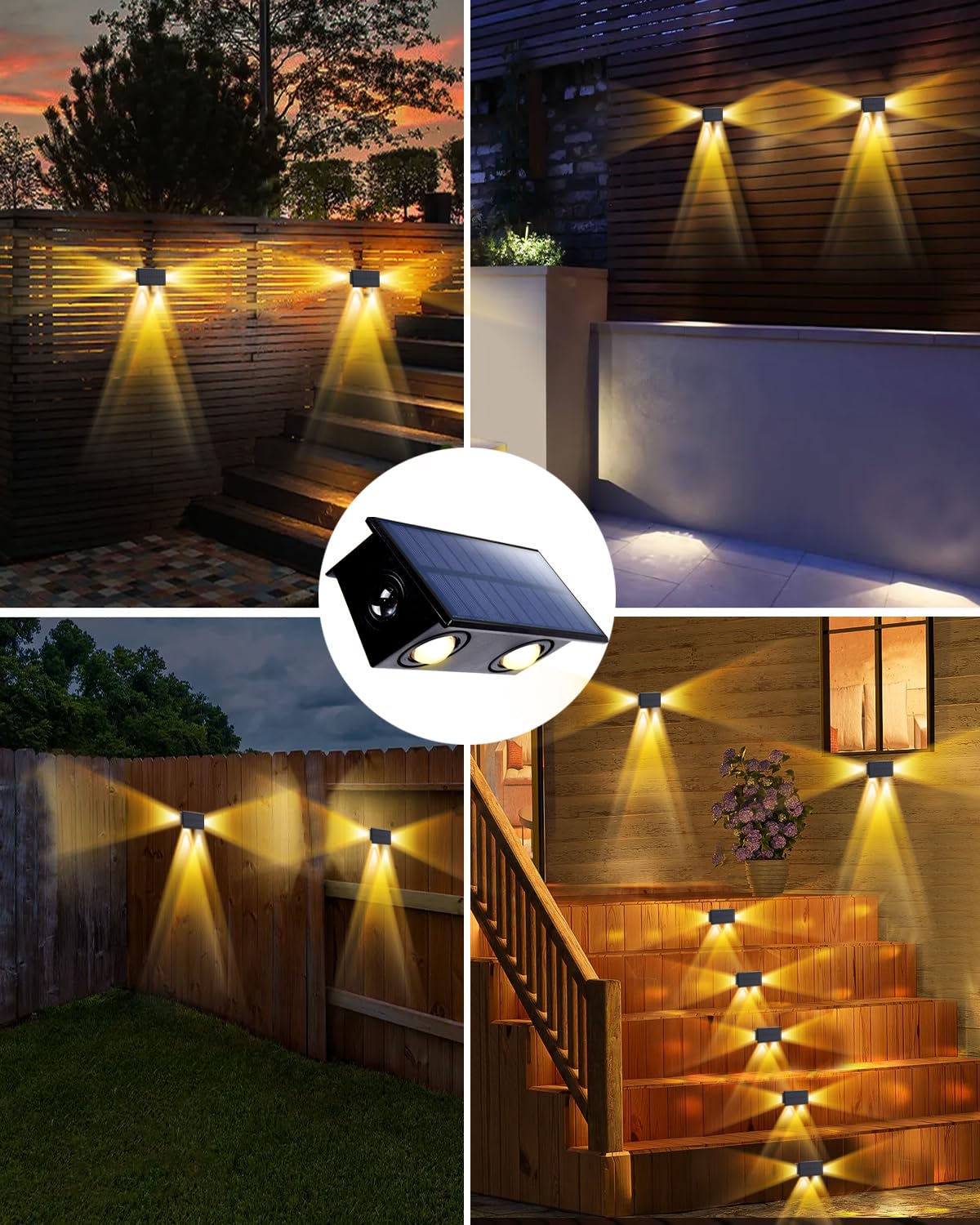 POLIGHTY 4 Pack 3-Side Solar Fence Lights Outdoor Waterproof with Warm White LED Spot Lens, for Wall, Deck, Patio, Yard, Rail, Garage, Pool, Designed