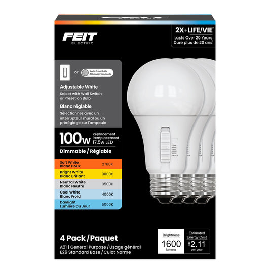 Feit Electric LED Light Bulbs, A21 100W Eq. Dimmable 5CCT + Switch - 4 Pack