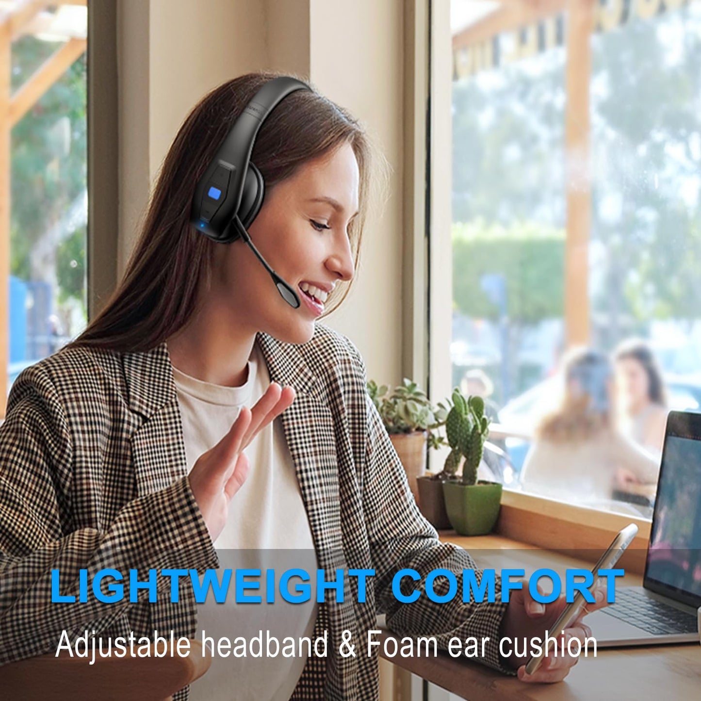 CONAMBO JBT100 Trucker Bluetooth Headset with Dual Mic Noise Canceling, CVC8.0, Mute Button, 60Hrs Battery Wireless Headset, On Ear Headphone for Cell