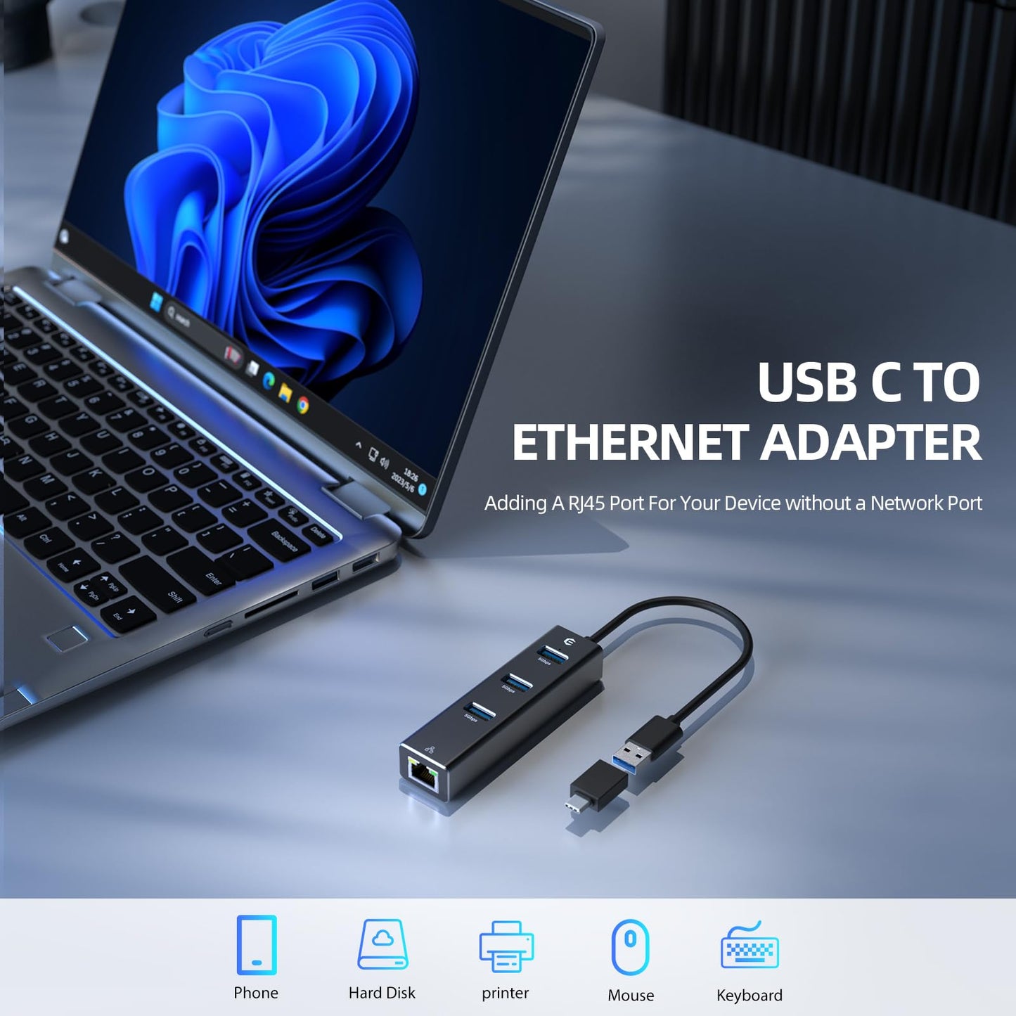 Ethernet Adapter, Tymyp 4 Port USB to Ethernet Adapter, 3 Ports USB 3.0 Ethernet Hub with RJ45 1Gbps Gigabit Ethernet Solution, USB Network Adapter