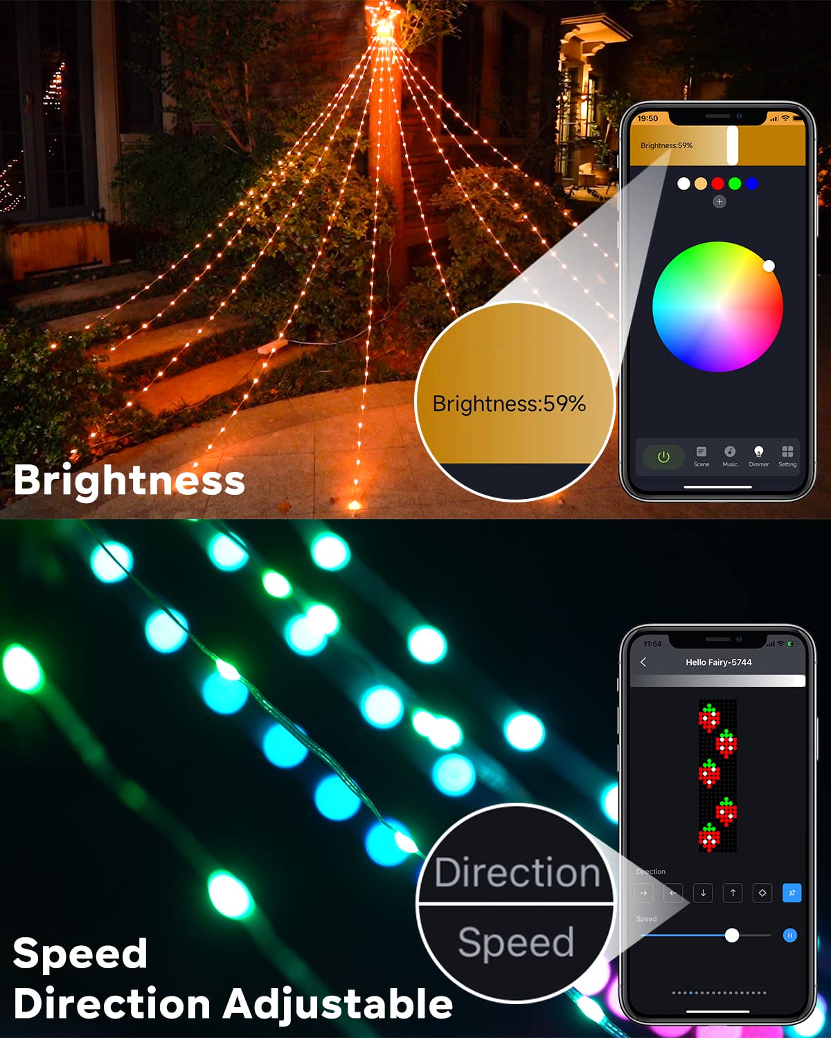 Outdoor Christmas Decorations Lights with Star, Smart DIY Custom Display 11.8Ft 100 Modes Yard Waterfall Tree String Lights, App Control 344LED RGB