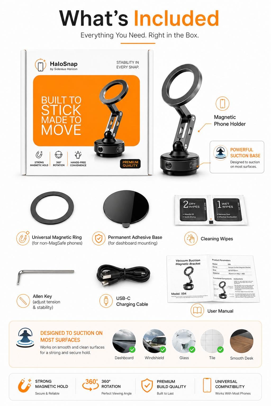 HaloSnap Magnetic Phone Holder for Mag Safe [360° Adjustable] Car Mount & Multi-Surface Wall Grip | Dashboard, Gym, Kitchen | iPhone 12-17, Samsung |