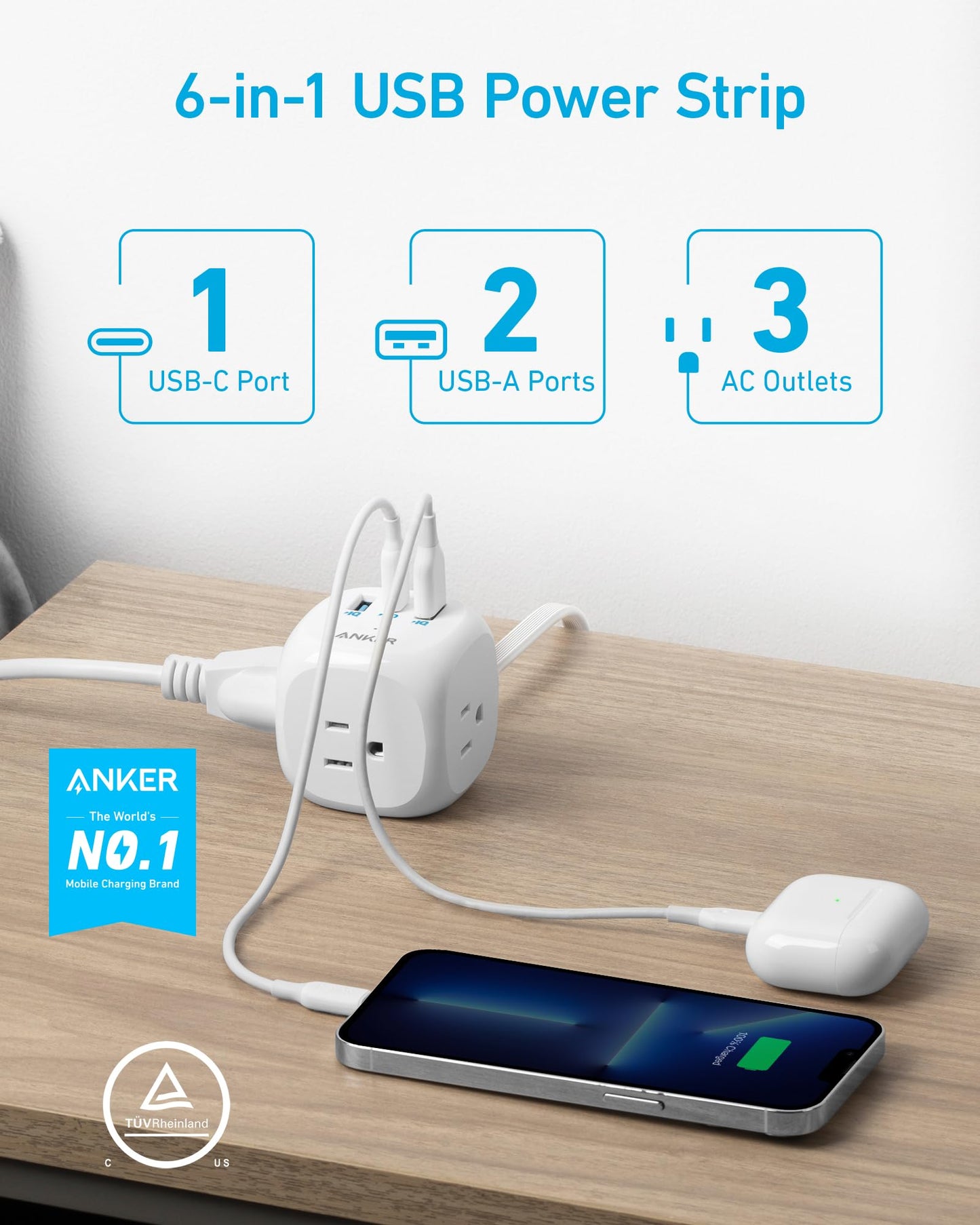 Anker 321 Power Strip with 20W USB-C, 3 Outlets and USB-C Charging for iPhone 15/14 Series, 5 ft Thin Cord and Flat Plug, Power Delivery, for Dorms
