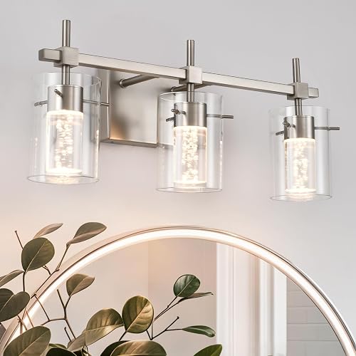 NOVCAND Bathroom Light Fixtures 3-Light, Brushed Nickel Vanity Light Over Mirror Dimmable 3 Color (3000K/4000K/6000K), Eye Protection LED Bathroom