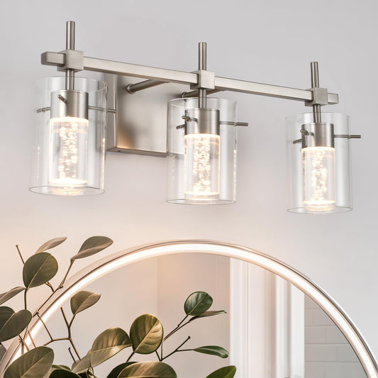 NOVCAND Bathroom Light Fixtures 3-Light, Brushed Nickel Vanity Light Over Mirror Dimmable 3 Color (3000K/4000K/6000K), Eye Protection LED Bathroom