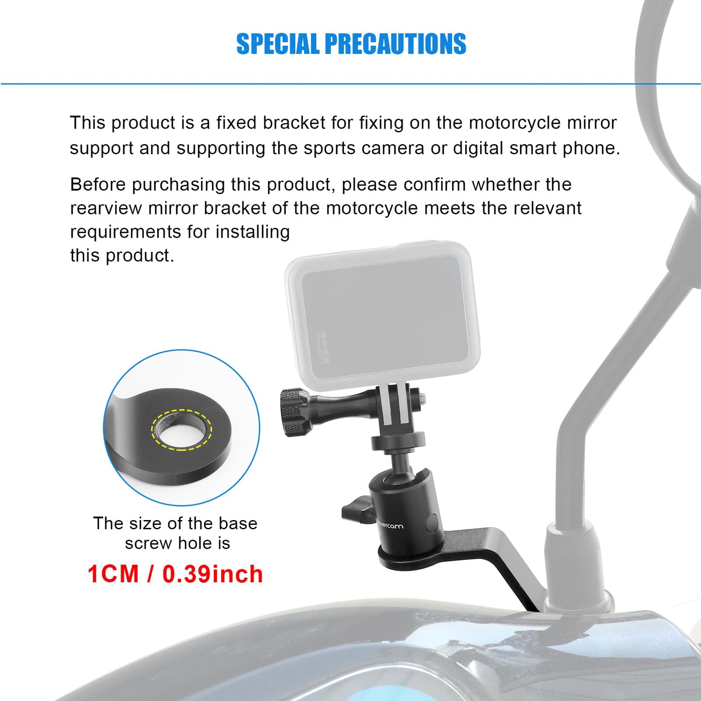 Forevercam Aluminum Motorcycle Mirror Mount for Gopro Hero 13 12 11 10 9 8 DJI Osmo Insta360 AKASO and Other Action Camera 360 Degree Rotation