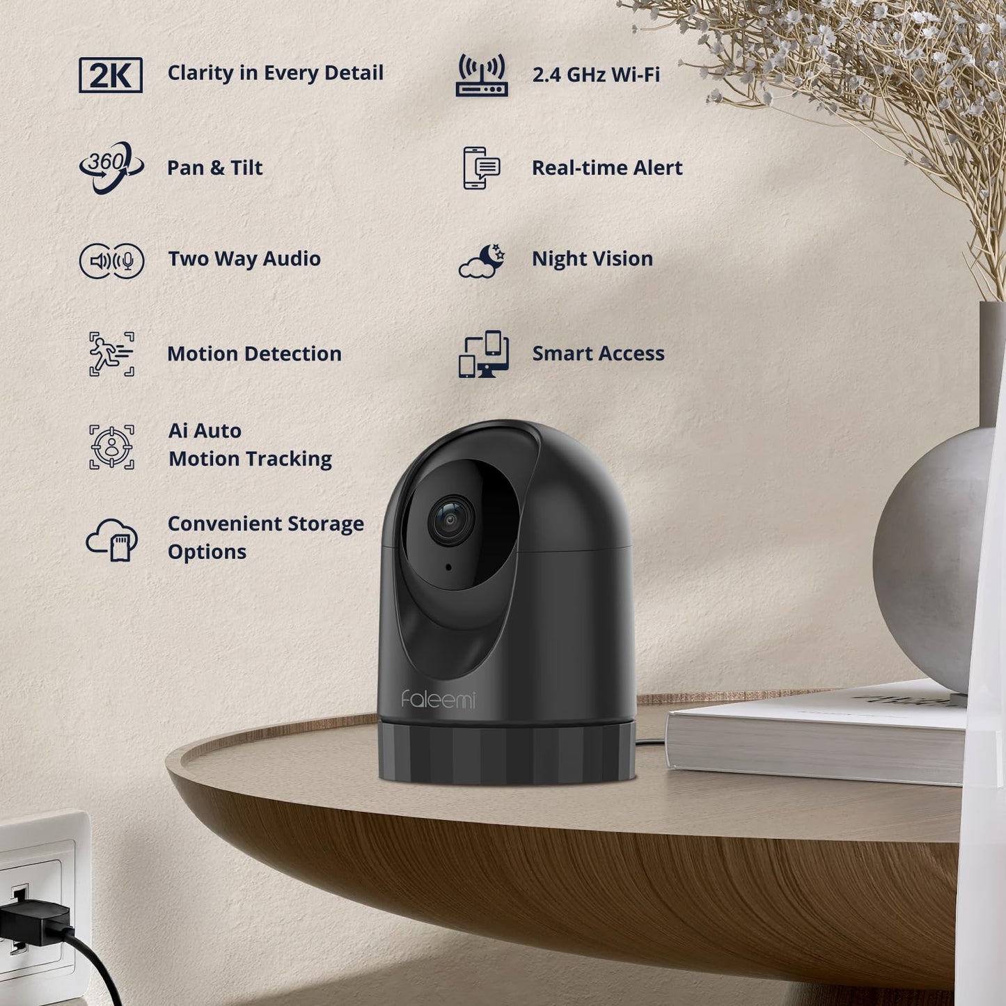 faleemi 2K Pan/Tilt Indoor WiFi Security Camera with Motion Detection & Auto Tracking, Night Vision, 2-Way Audio, Siren, SD/Cloud Storage (2, Black)
