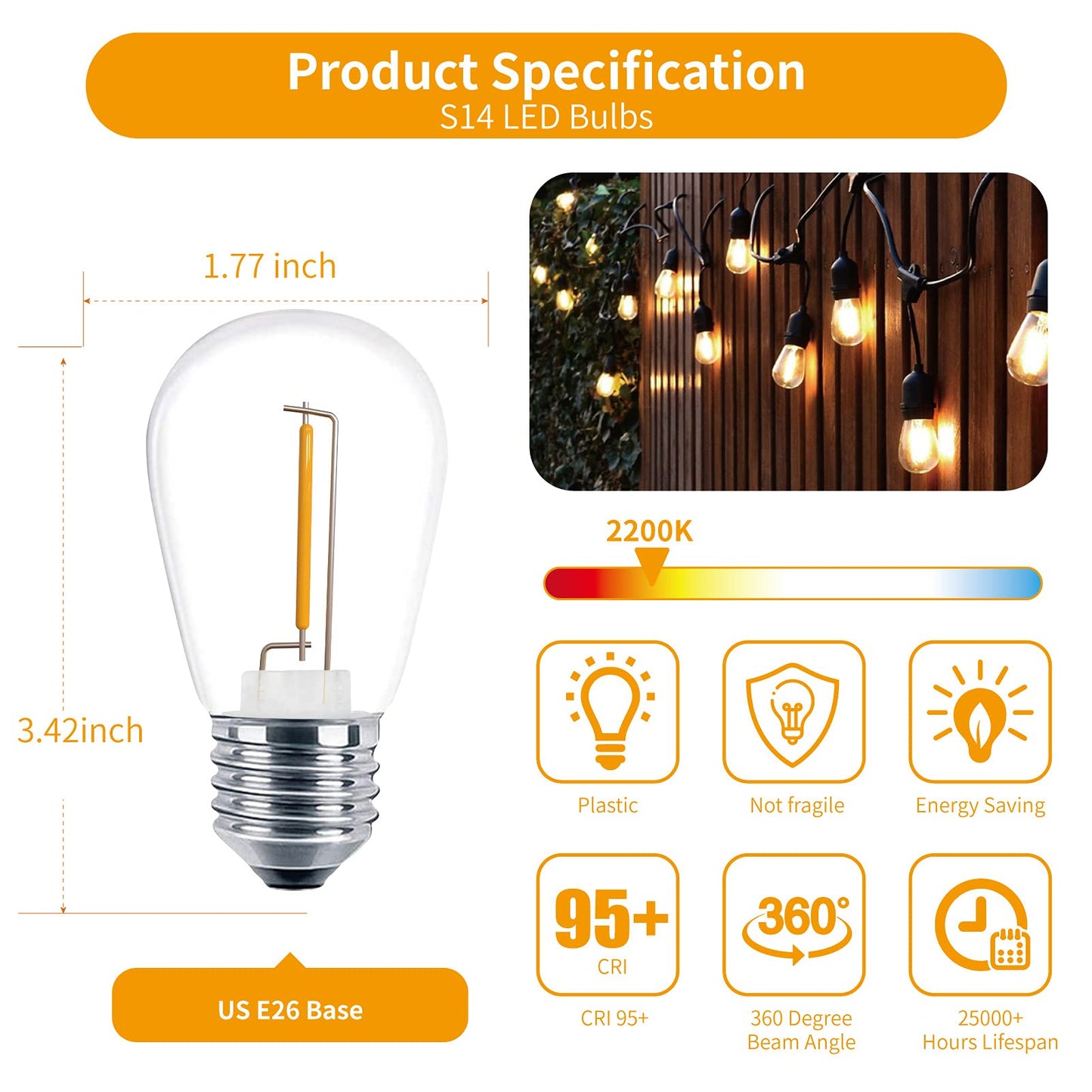 Meconard 24 Pack LED S14 Replacement Light Bulbs, Shatterproof Outdoor 1 Watt to Replace 11Watts String Incandescent Bulb, E26 Regular Medium Screw