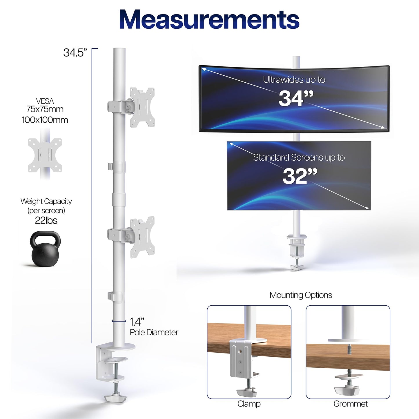 VIVO Dual Vertically Stacked LCD Monitor Desk Mount, Extra Tall Heavy Duty Adjustable Stand for 2 Ultrawide Screens up to 34 inches, 22 lbs Capacity