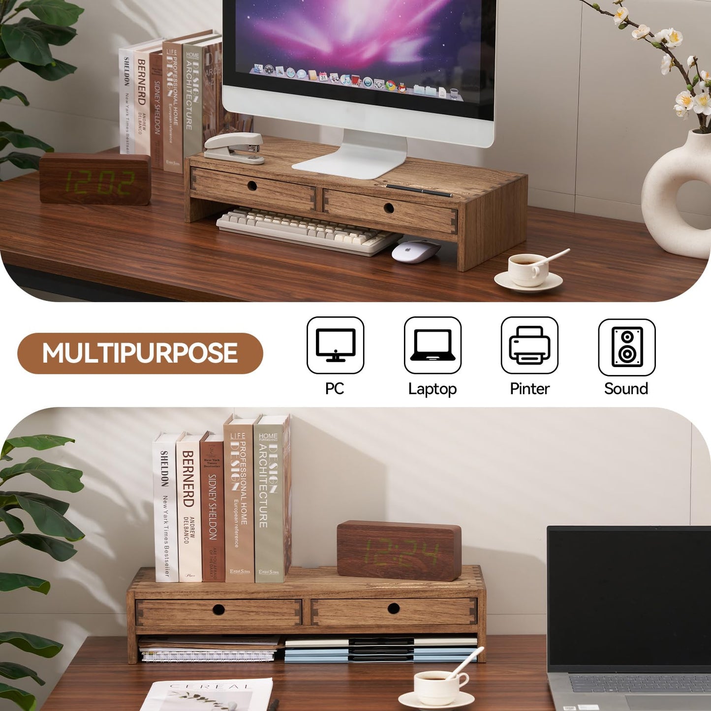 KIRIGEN Wood Monitor Stand with 2 Drawers - Computer Arm Riser Desk Storage Organizer,Speaker TV Laptop Printer Stand with Pen Slot and Cable