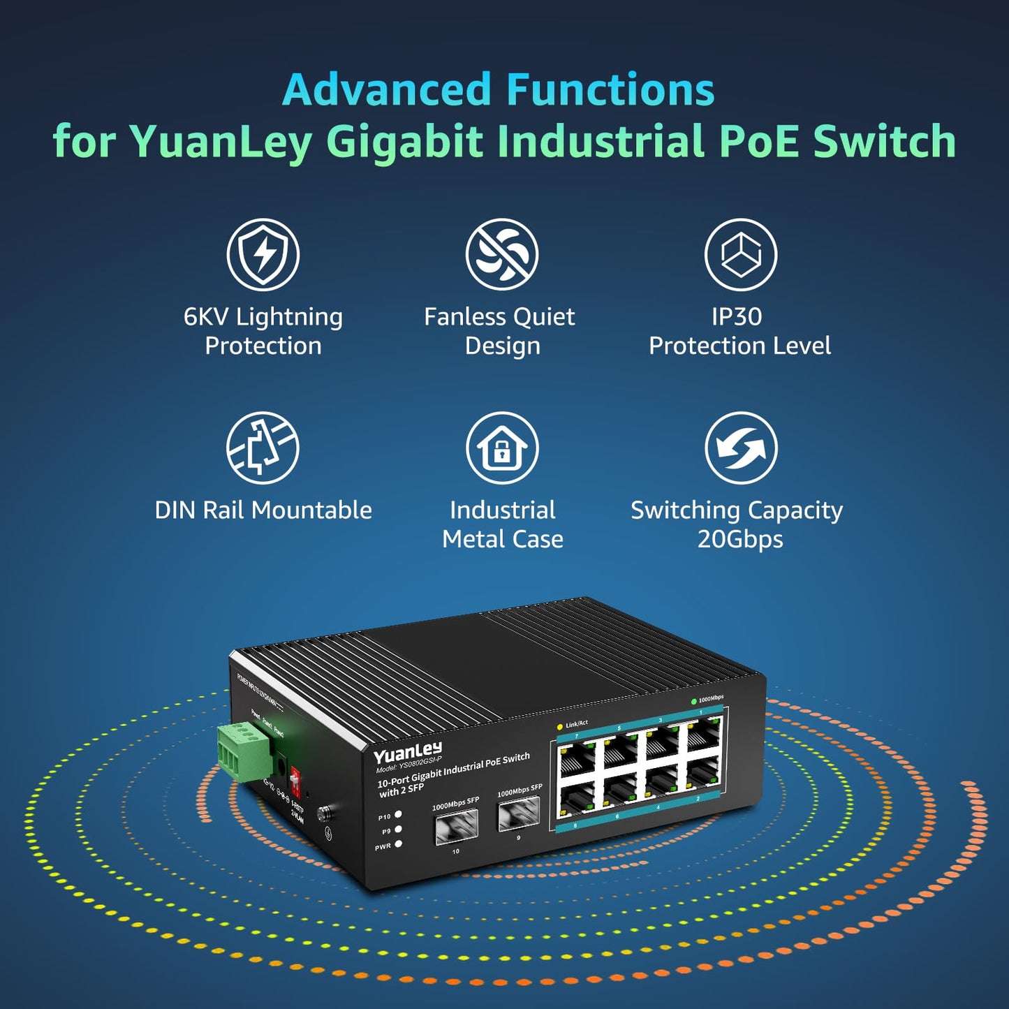 YuanLey 10 Port Industrial Switch with 8 Port PoE Gigabit & 2X SFP Port, Unmanaged PoE Switch with 120W Power Adapter, IEEE802.3af/at, VLAN & RSTP