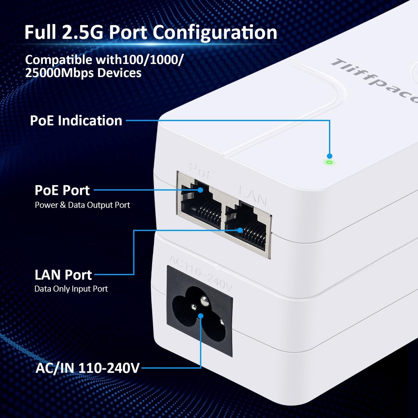 Tliffpaco PoE+ Injector 2.5Gb, Converts Non-PoE to PoE, 100/1000/2500Mbps and 802.3at/af Compliant, Plug & Play, Up to 100m(328 ft), 52V 30W PoE
