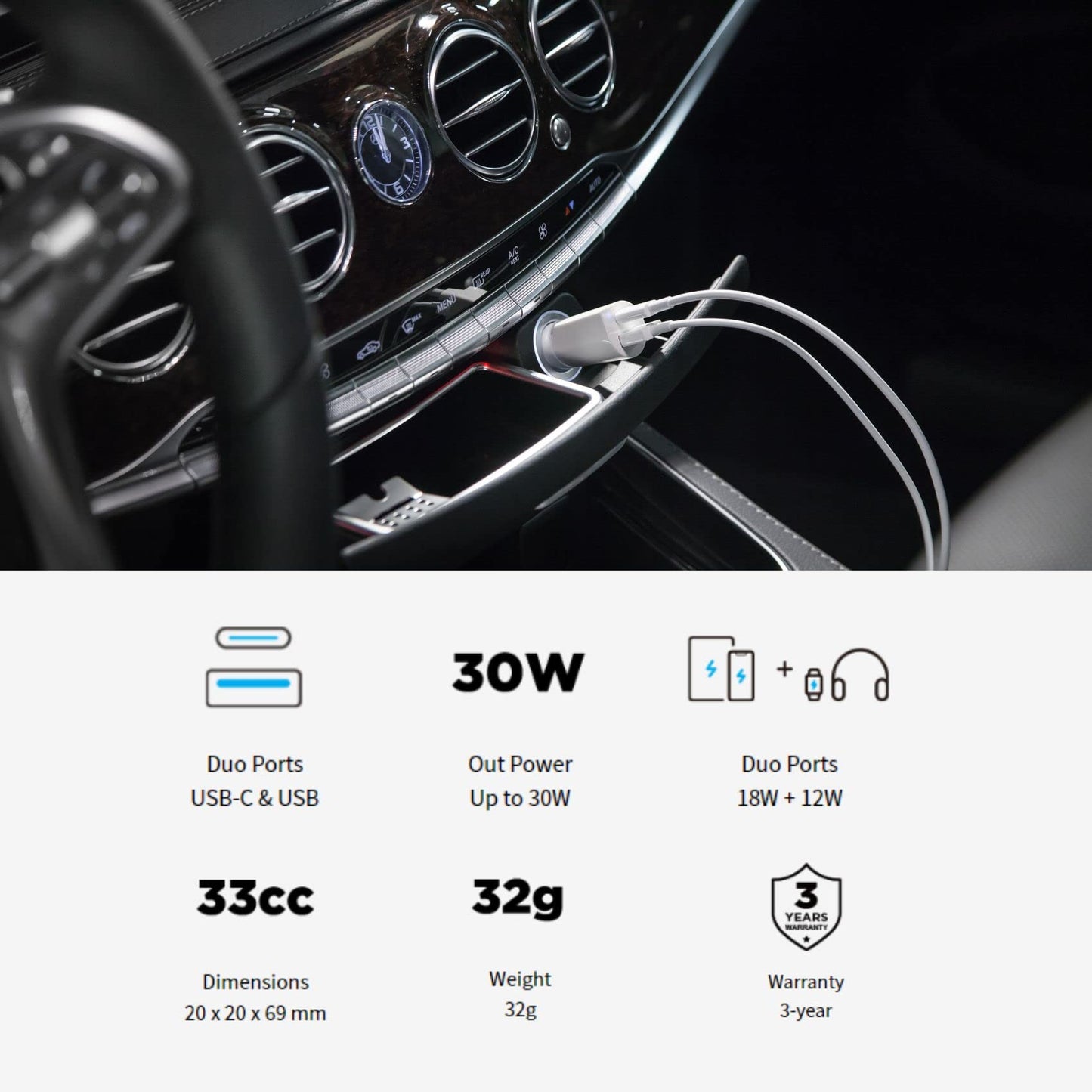 Innergie 30D USB C Car Charger, 30W Dual Port, USB-C and USB-A PD3.0/QC3.0 Fast Charging Cigarette Lighter for iPhone 17/16/15/14/13/12/11 Pro Max