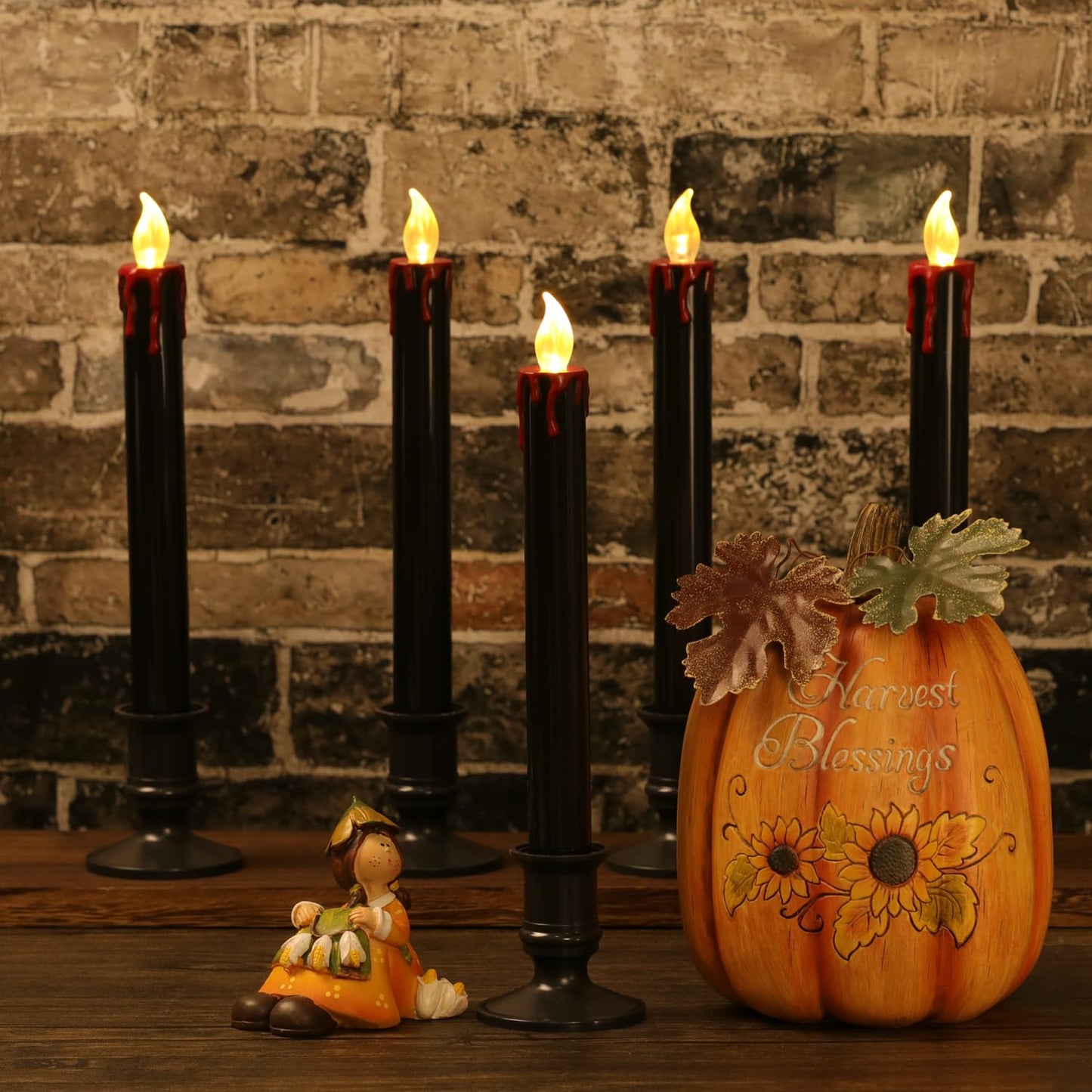 OWLBAY 6 Pack 9" H Christmas Black Flameless Taper Candles with Remote Timer, Bloody Battery Operated Flickering LED Candlestick with Removable Black