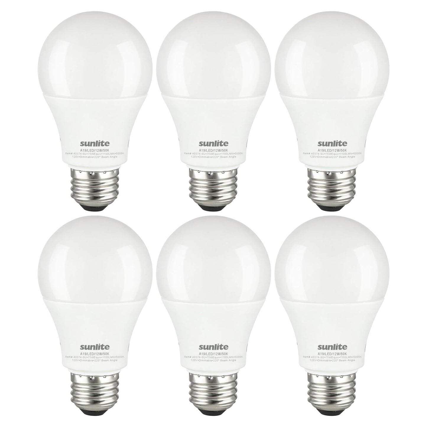 Sunlite LED A19 Household Light Bulb, 12 Watt (75W Equivalent), 1100 Lumens, Medium E26 Base, 220 Degree Beam Angle, UL Listed, 5000K Super White, 6