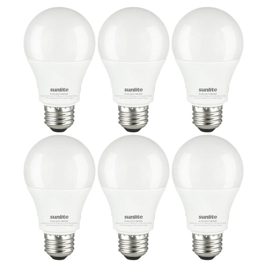 Sunlite LED A19 Household Light Bulb, 12 Watt (75W Equivalent), 1100 Lumens, Medium E26 Base, 220 Degree Beam Angle, UL Listed, 5000K Super White, 6