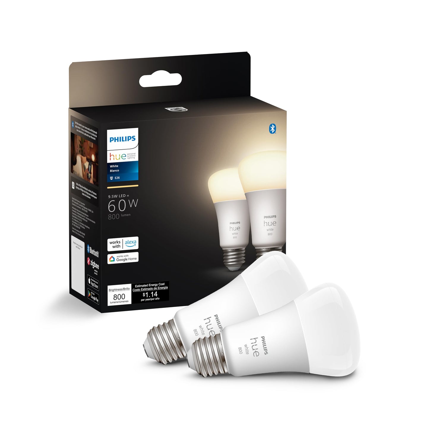 Philips Hue Smart 60W A19 LED Bulb - Soft Warm White Light - 2 Pack - 800LM - E26 - Indoor - Control with Hue App - Works with Alexa, Google Assistant