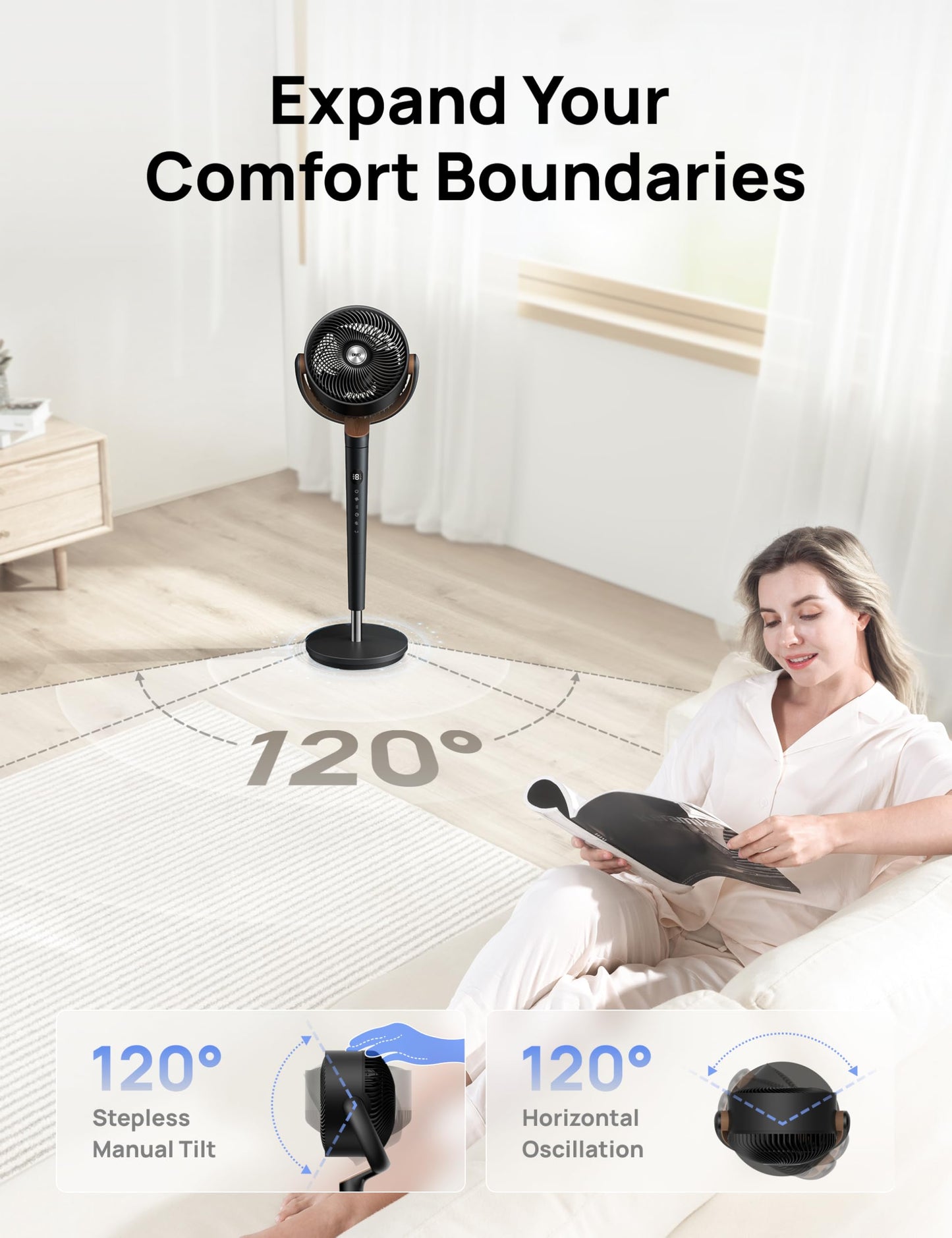 DREO Fan for Bedroom, 120° Oscillating Standing Fan, Quiet Floor Fan with DC Motor, Pedestal Fan for Room, 9 Speeds, 4 modes, 120° Manual Vertical