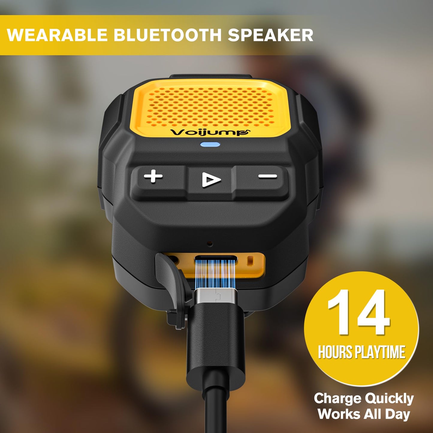voijump Wearable Bluetooth Speaker, Mini Clip-On Wireless Jobsite Pro Dust & Water Resistant Portable Speaker, Built-in Mic for Hands-Free