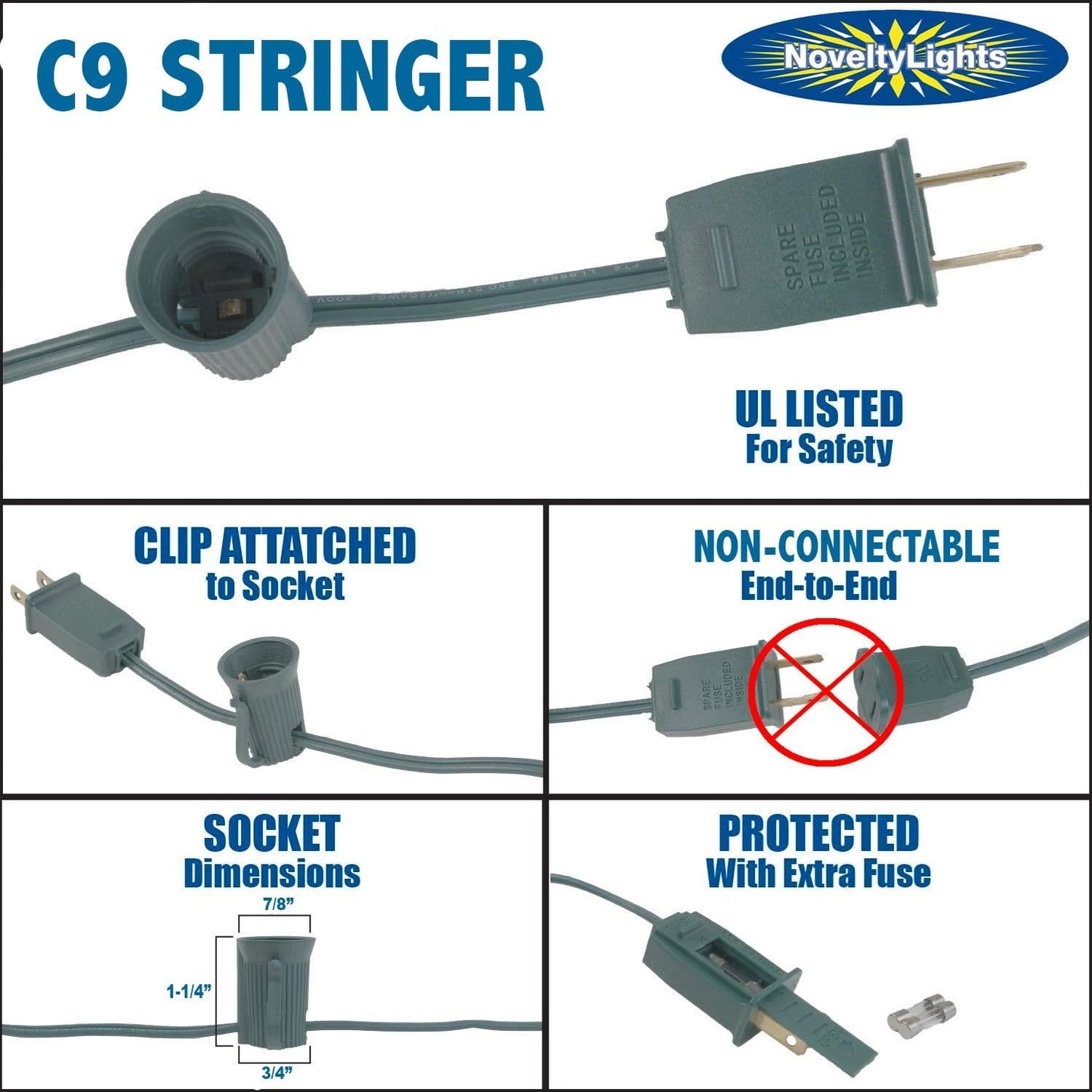 Novelty Lights 100 Foot C9 Outdoor String Light Christmas Stringer - Patio String Lights - Intermediate Base (C9/E17) - 12" Spacing - White Wire