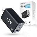 Sharp USB-C Charger, 65W, 2-Port (USB A+C), Compact Foldable GaN Fast Charge for MacBook, iPad, Galaxy S23, Dell XPS, Note 20/10+, iPhone 15/Pro