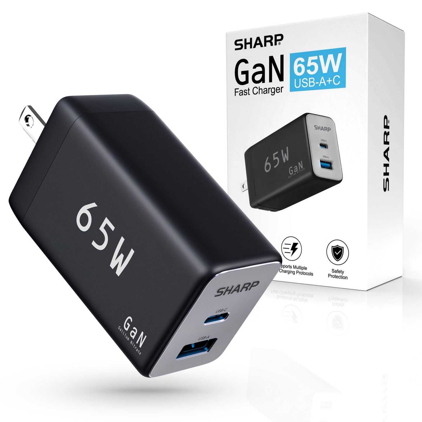 Sharp USB-C Charger, 65W, 2-Port (USB A+C), Compact Foldable GaN Fast Charge for MacBook, iPad, Galaxy S23, Dell XPS, Note 20/10+, iPhone 15/Pro